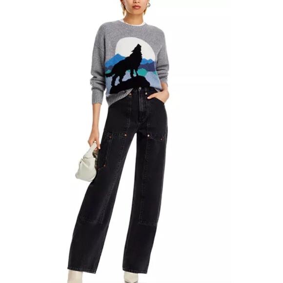 Aqua Cashmere 100% Light Gray Intarsia Wolf Design Sweater Women's Size M - Picture 2 of 10